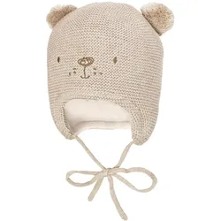 Strickmütze MAXIMO, Baby, Gr. 43, beige, Materialmix, casual, Mützen, mit Tiergesicht, zwei Pompons und Bindeband