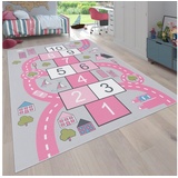 Paco Home Teppich Kinderzimmer Kinderteppich Spielteppich Straßen Design Mit Hüpfkästchenspiel rutschfest Grau Rosa, Grösse:160x220 cm