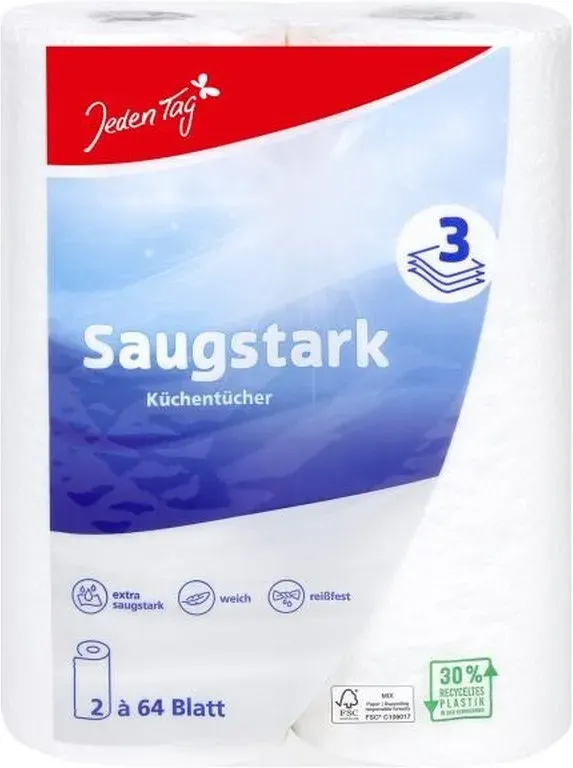 Jeden Tag Küchenpapier Classic 3-lagig, extra saugfähig, 2 x 64 Blatt
