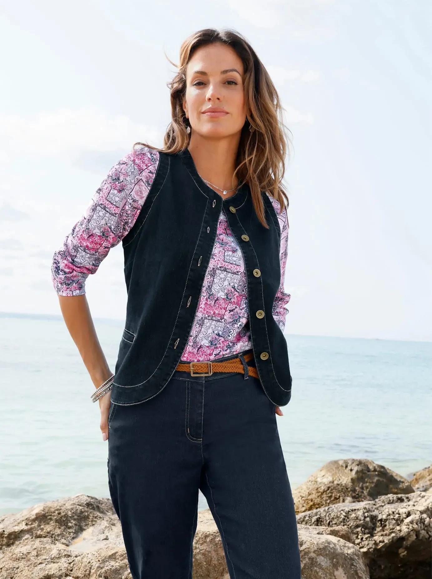 Jeansweste INSPIRATIONEN, Damen, Gr. 38, dunkelblau, 81% Baumwolle, 17% Polyester, 2% Elasthan, unifarben, Westen