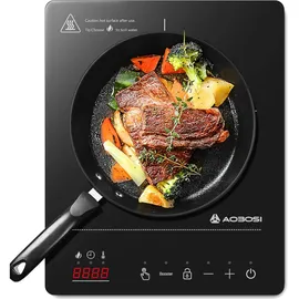 AAOBOSI Induktionskochfeld 1 Platte,Induktionskochplatte mit Booster-Funktion, 20 Leistungsstufen und Temperaturstufen,Kompakte Größe,2000W Tragbares Induktionskochfeld,10H-Timer,Schwarz