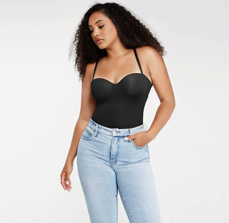 Feelingirl Thong-Bodysuit, Einzelteil, mit Stützband und abnehmbarer Taille-Schlaufe, Taille- und Bauch-Formeffekt, XL, Schwarz