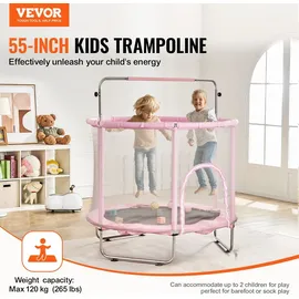 Vevor Kindertrampolin Trampolin Mini Freizeittrampolin 147 cm für Kleinkinder einstellbar mit Sicherheitsnetz & Basketballkorb, Geburtstagsgeschenk Weihnachtsspielzeug für Kinder ab 3 Jahren Rosa