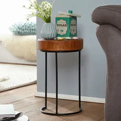 KADIMA DESIGN Beistelltisch AKOLA Massiv-Holz Sheesham Wohnzimmer-Tisch Metallbeine Landhaus-Stil Baumstamm-Form Echt-Holz