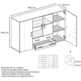 Vladon Highboard 166,5 x 106,5 x 35 cm Weiß matt / Schwarz Hochglanz