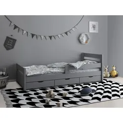 Kinderbett LÜTTENHÜTT ""TIMMO " BESTSELLER, inklusive 3 Schubkästen", grau, B:98cm H:72cm L:208cm, Betten, bodentief, mit Rausfallschutz, zertifiziertes Massivholz