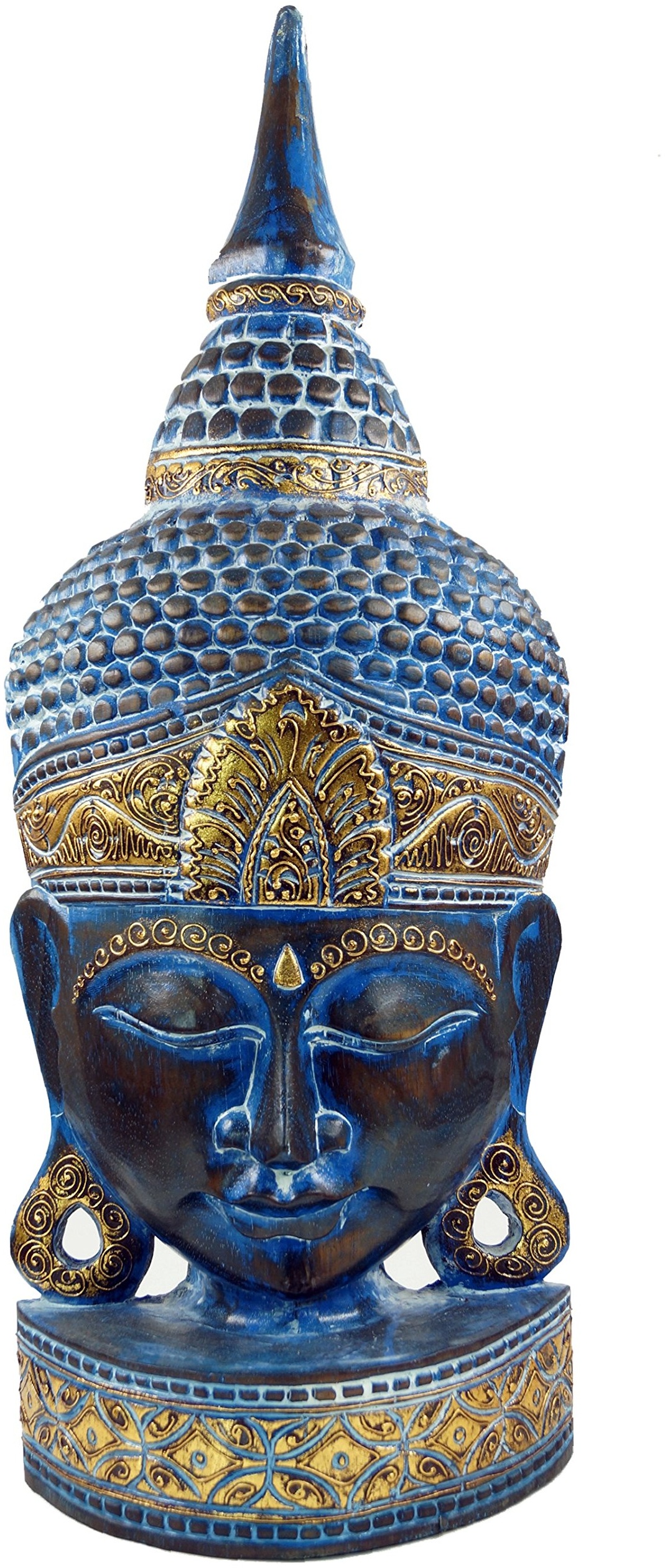 GURU SHOP Stehende Buddha Maske, Thai Buddha Statue - Blau/Gold, 74x27x13 cm, Buddhas