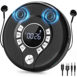 Greadio Discman CD Player Tragbar, Tragbarer CD Player mit 2000mAh Wiederaufladbarer und Anti-Skip/Stoßfest, Kompatibler FM-Sender, USB, AUX-Ausgang, Kopfhörer, Doppellautsprecher (Schwarz)