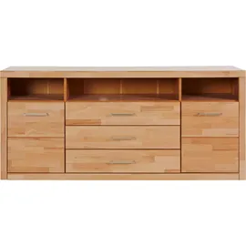 OTTO home Sideboard OTTO HOME "Ribe,180cm breit, Fronten Massivholz,7 Fächer", beige (kernbuche teilmassiv), B:180cm H:80cm T:35cm, Holz teilmassiv, Sideboards, Sideboard, Holz massiv, Holzwerkstoff, Metall Griffe,2Türen,3Schubladen