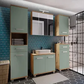 Forte VERIS Badschrank 40, hoher Badezimmerschrank mit 2 Türen, 1 Schublade und 1 offenem Fach, Holzwerkstoff, Salbei mit Artisan Eiche Holzdekor, 40,2 cm breit x 186,8 cm hoch x 34,8 cm tief