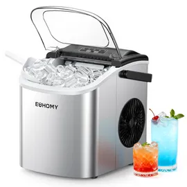euhomy Eiswürfelmaschine Klein, 9 Eiswürfel in 6 Minuten, 12 kg/24H, Eiswürfelmaschine Edelstahl mit Tragbarem Griff, Selbstreinigender Kompakter Eiswürfelmaschinen für Zuhause/Küche/Büro/Bar