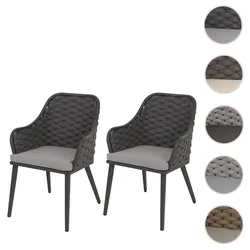 2er-Set Aluminium-Gartenstuhl HWC-O16, Outdoor Stuhl, Olefin (200 g/m2) Seilgeflecht Rope ~ anthrazit Kissen hellgrau