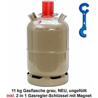 Propan-Gasflasche 11kg grau Neu, leer, inkl.  Gasreglerlöser mit  Magnet + Schlü...