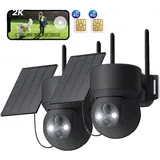 2 Stück 4G LTE Überwachungskamera Aussen Solar mit SIM Karte Ohne WLAN 2K PTZ Kabellos IP Kamera Outdoor Ohne WLAN PIR Erkennung Farbe/IR Nachtsicht - Schwarz