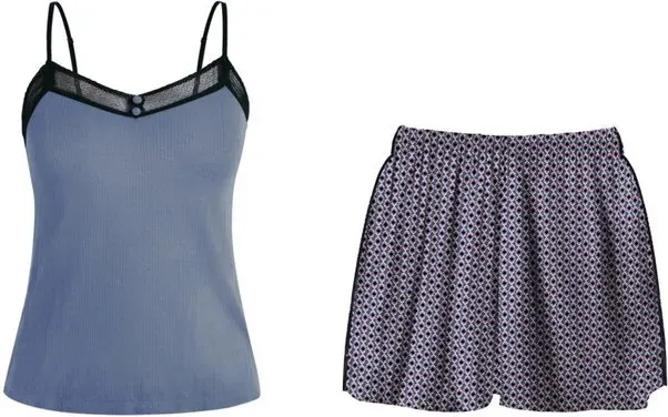IZURIA Set aus schwarzem engem V-Ausschnitt mit Spitze, kobaltblaues Camisole und marineblauen Shorts, Größe XL
