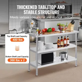 Vevor Lebensmittel-Zubereitungstisch aus Edelstahl, Gewerblicher Küchenarbeitstisch, mit 2 verstellbaren Unterregalen, 457 x 1219 x 864 mm Zubereitungstisch für Grill, Küche, Zuhause