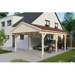 Einzelcarport SKANHOLZ "Fichtelberg", beige (natur), H: 379cm, Carports, mit roten Schindeln