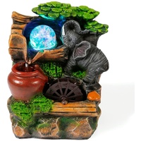 Dyna-Living Zimmerbrunnen Tischbrunnen mit Rollender Kugel, Brunnen Springbrunnen LED-Beleuchtung Mehrfarbig, Tischplatte Wasserbrunnen Wasserfall, Elefant Wasserrad Pflanzen, 20 x 15 x 10cm