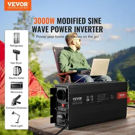 Vevor Sinus-Wechselrichter 3000 W DC 12 V AC 230 V LCD-Display Wechselrichter mit 3 AC-Steckdosen 2 USB-Anschlüssen 1 Typ-C-Anschluss 10 Ersatzsicherungen für große Haushaltsgeräte