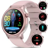 Smartwatch Damen Herren mit EKG+HRV/Harnsäure/BMI,1,4 Zoll Smartwatch Fitnessuhr mit Telefonfunktion SOS-Taste/Blutdruck/Körpertemperatur/Müdigkeit/Emotionserkennung/Schlaf,für Android iOS rosa