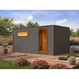 Gartensauna Lenchen 6 terragrau mit Vorraum und bronzierter Ganzglastür