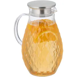 Relaxdays Glaskaraffe, 2L Karaffe mit Deckel, Tee Krug, Wasser Kanne, Saftkrug, Glas & Edelstahl, transparent/silber