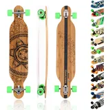 MAXOfit Longboard GeoLines Bambus/Ahorn No. 40 - Board mit flexiblem Deck & mittelweichen Rollen - Drop Through Achsen und Cut Outs für Wendigkeit und Stabilität