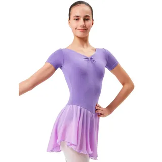 tanzmuster ® Ballettkleid Mädchen Kurzarm - Betty - aus Baumwolle mit Glitzersteinen und Chiffon Röckchen in Lavendel, Größe:140/146 - 140-146