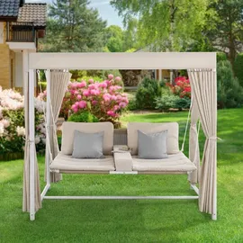 Juskys Schaukelliege Kassandra - Gartenliege mit Sonnendach und Vorhängen für 2 Personen in Weiß