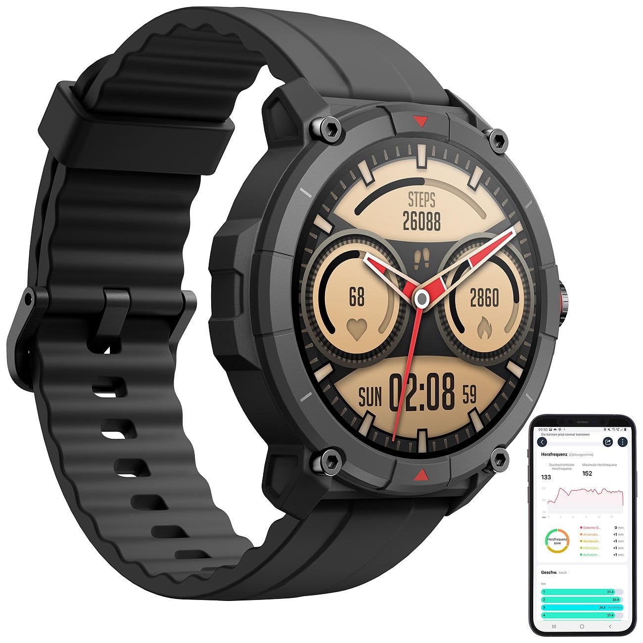 Newgen Medicals GPS-Fitness-Smartwatch: GPS-Fitness-Uhr mit Full-Touch-Glas-Display, Freisprechen, SpO2 (Smartwatch GPS-Tracker, Smartwatch Damen iPhone)