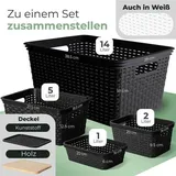 Novaliv 2er Set Eleganter Aufbewahrungskorb mit Holzdeckel in Rattan-Optik | Schwarz Lebensmittelecht Kunststoff 5L – Perfekt für Bad & Kleidungsau