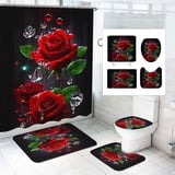 SMchwbc 4Pcs Rose Duschvorhänge Set Blumen Dusche Vorhang Set Mit Teppichen 4-teiliges, Rose Flower Regentropfen-Duschvorhang Rosa Blümchen Shower Curtains wasserdichter (200 x 240 cm(BxH),1)