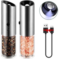 Vzaahu Elektrische Salz- und Pfeffermühle 2er Set, Wiederaufladbarer USB, Einstellbare Grobheit, Silberfarbe, Batteriebetrieben, Elektrischer Gewürzmühlen-Shaker mit Licht