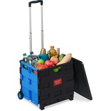 Relaxdays Einkaufstrolley klappbar, bis 35 kg, 50 l Kiste, mit Teleskopgriff, 2 Rollen, Transport Trolley, blau/schwarz, Aluminium