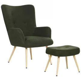 Beliani Ohrensessel VEJLE Bouclé 70 x 100 x 80 cm Dunkelgrün mit Hocker