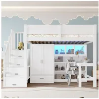 Odikalo Hochbett 90x200 mit Schreibtisch und Großer Stauraum (90x200 Hochbett, Kinderbett, Jugendbett mit Schreibtisch und Regal, Kleiderschrank, Stauraumtreppe und LED-Leuchten, weiß)