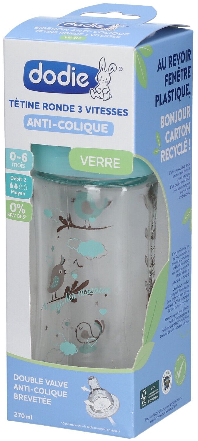 dodie® Biberon Initiation+ verre 270 ml anti-colique tétine ronde Oiseau 0-6 mois 1 pc(s) Bouteilles