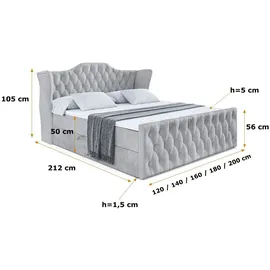 altdecor Boxspringbett VILA-Z, Polsterbett mit Kopfteil, Bettkasten, Fußteil - Mittelfest (H3) Matratze - 180x200 - Hellgrau Samt - Hellgrau