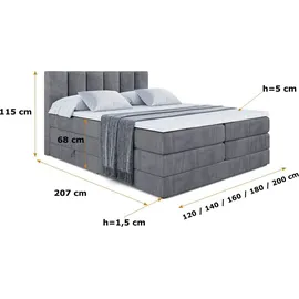 altdecor Boxspringbett mit 2 Matratzen und Topper - 180x200 cm - BOXI1 KING - Dunkelgrau Samt - Polsterbett mit, H3- und H4- Matratzen, Bettkasten ... - Dunkelgrau