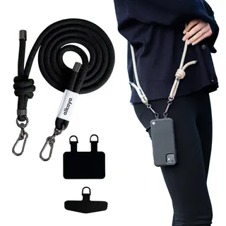 A Strap Handykette Universal zum Umhängen - Kompatibel mit jedem Handy und Smartphone, Kette zum Umhängen, dicke Kordel, mit jeder Hülle kombinierbar, verstellbar, in schwarz und beige (Schwarz) - 140mm