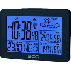 ECG MS 200 Wetterstation mit Funksensor bis 30 Meter Entfernung, Thermometer, Hygrometer, Wettervorhersage für die nächsten 24 Stunden in 4 Modi, Uhrzeit, Wecker, grau