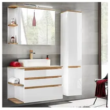 Lomadox CAMPOS-56 Bad-Hochschrank 144 x 200 x 50 cm Weiß/Eiche hochglänzend