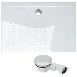 doporro Duschtasse Duschwanne Lucia02 75x90x4 flach inkl. Ablaufgarnitur aus Acryl Weiß mit Anti-Rutsch Profil und DIN-Anschlüssen auch für bodenebene Montage geeignet