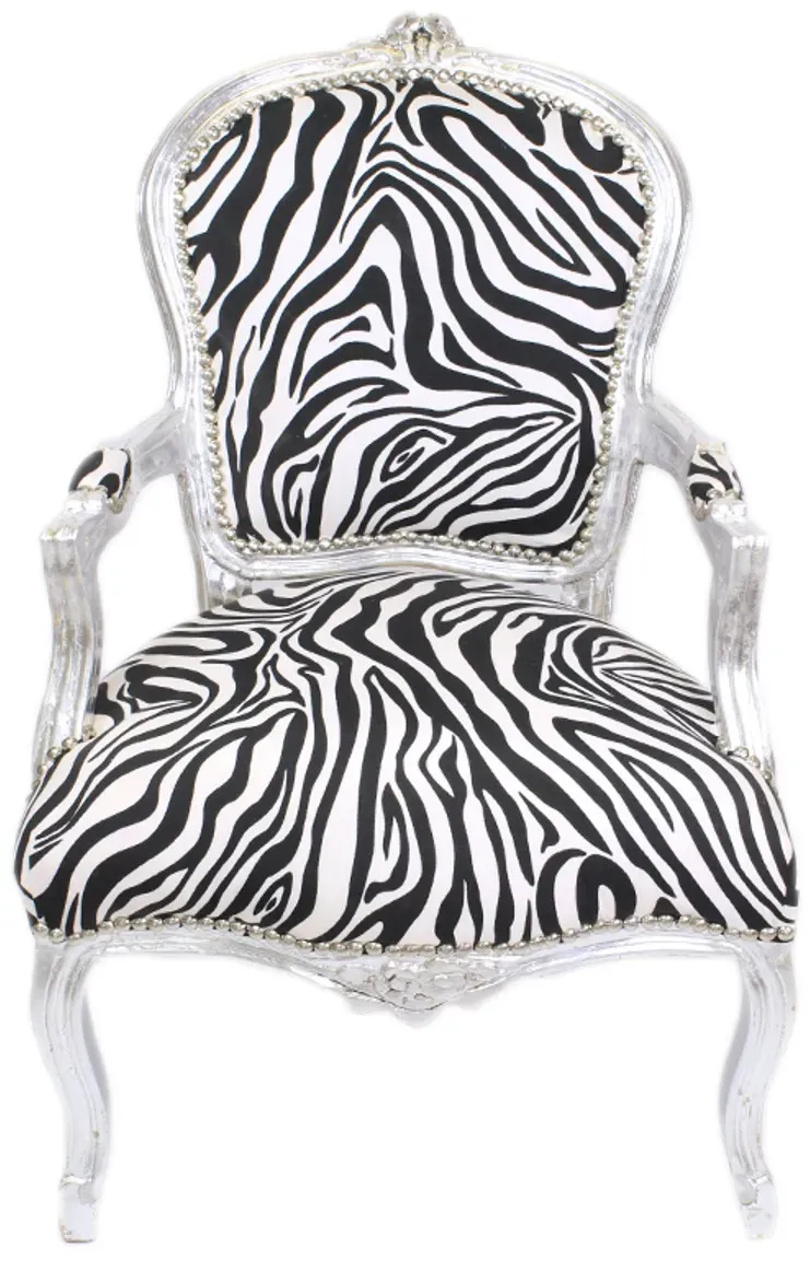 Casa Padrino Barock Salon Stuhl Zebra / Silber mit Armlehnen - Barockmöbel