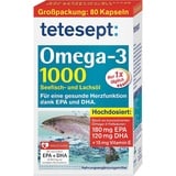 tetesept Omega-3 1000 - Seefisch- und Lachsöl Kapseln - Hochdosierte Omega 3 Fettsäuren DHA,EPA & Vitamin E - Nahrungsergänzungsmittel zur Unterstützung des Herz-Kreislauf-Systems -80 Stück (1er Pack)