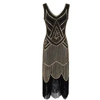MIMIKRY 20er Jahre Charleston Pailletten Kleid Schwarz/Gold mit Fransen Flapper Damen-Kostüm, Größe:S - S