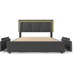 Merax Polsterbett, LED-Beleuchtung Doppelbett 160x200cm mit 4 Schubladen, grau