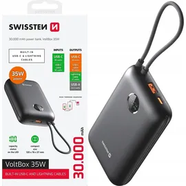 Swissten Swissten, Externer Akku 30000mAh Integrierte USB-C Lightning-Kabel LED-Anzeige, Schwarz
