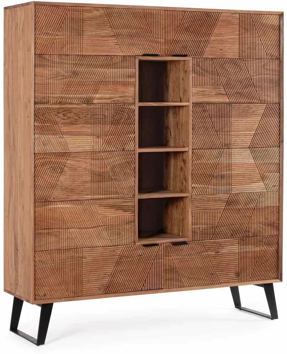 Highboard Isar aus Akazienholz, handgefertigte Schnitzereien, klassisch, natur, 145 cm breit
