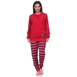 normann Damen Frottee Pyjama, Schlafanzug Langarm mit süßem Katzen-Motiv, Farbe:rot, Größe:44-46 - 44-46